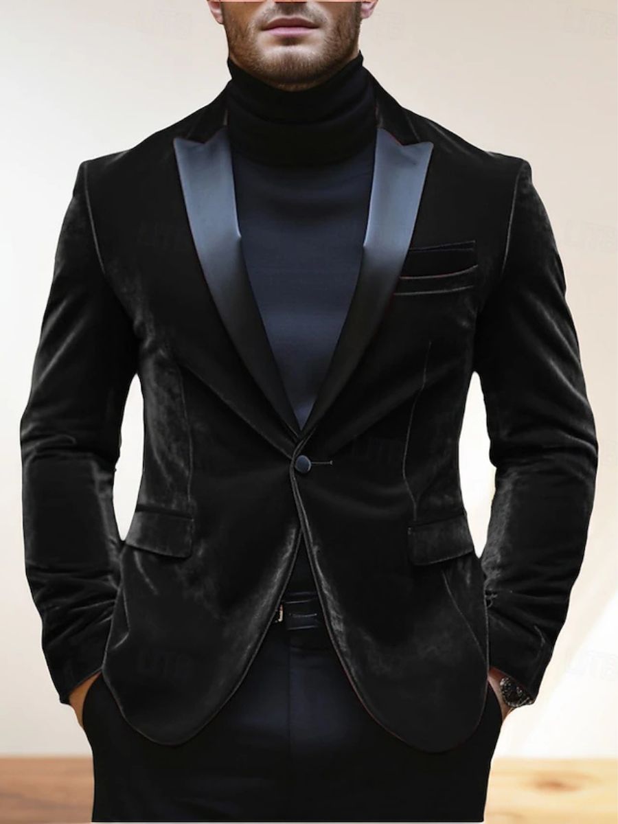 Red Men's Velvet Party Peak Neck Regular Single Breasted One-Button Blazer Jacket - Image 6