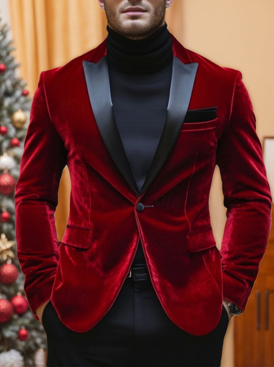 Red Men's Velvet Party Peak Neck Regular Single Breasted One-Button Blazer Jacket - Image 8