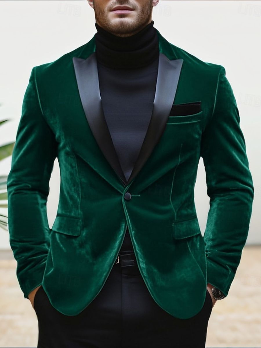 Red Men's Velvet Party Peak Neck Regular Single Breasted One-Button Blazer Jacket - Image 7
