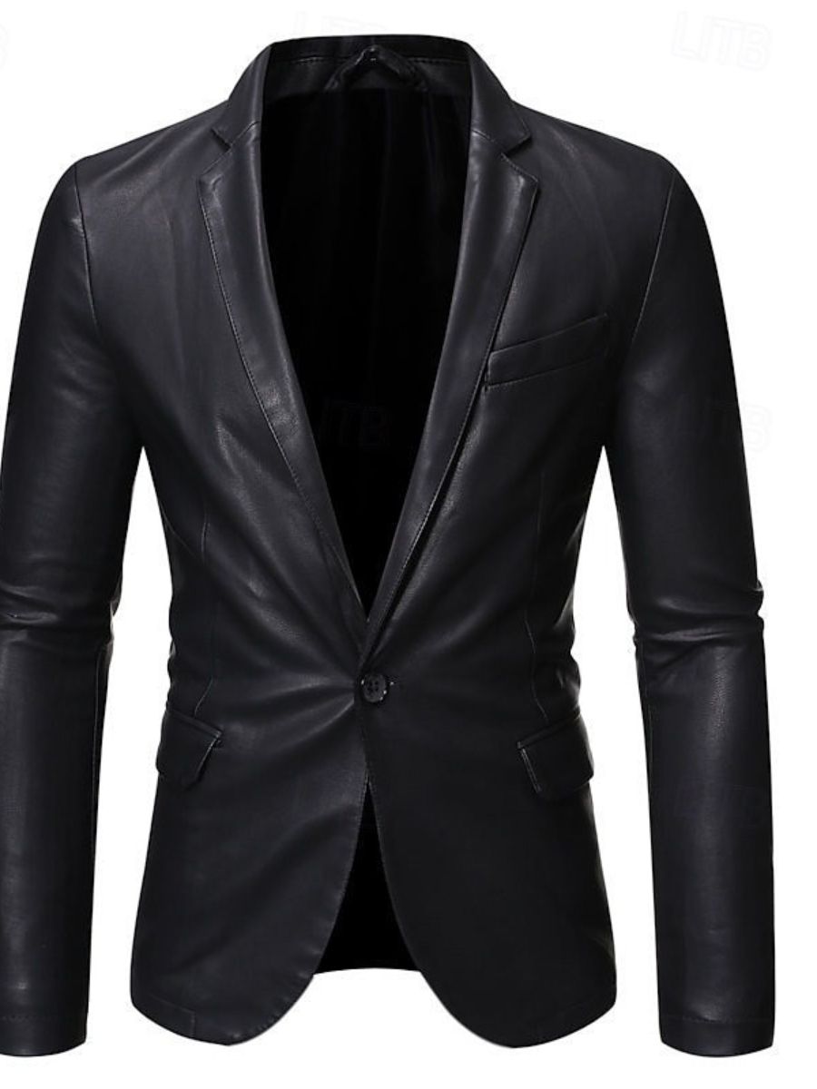 Black Men's PU Leather Blazer Office Work Solid Color Jacket - Image 3