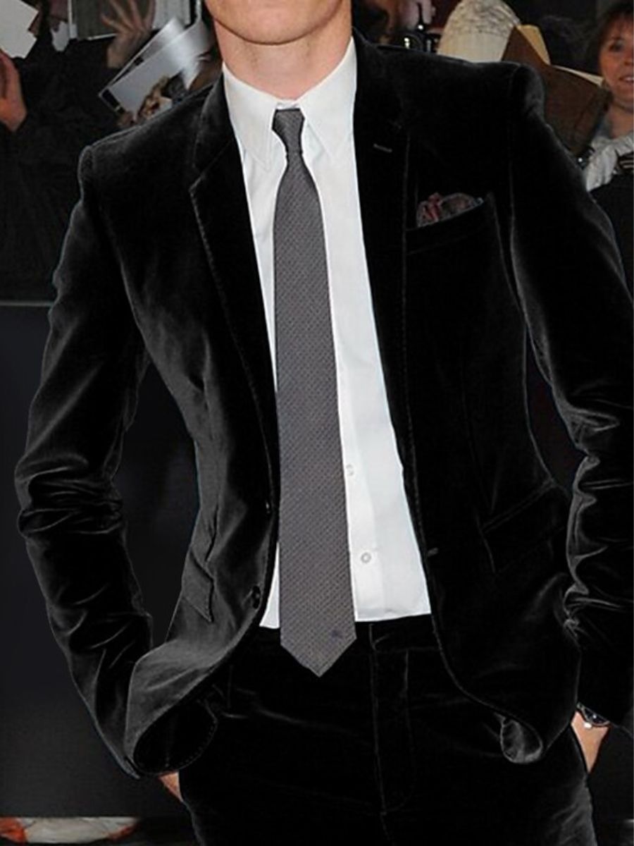 Burgundy Men's Velvet Single Breasted Two-Buttons Solid Wedding Party Suit Jacket - Image 2