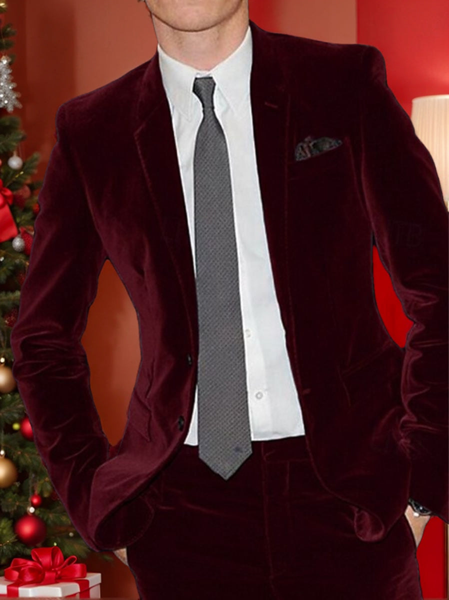 Burgundy Men's Velvet Single Breasted Two-Buttons Solid Wedding Party Suit Jacket - Image 9