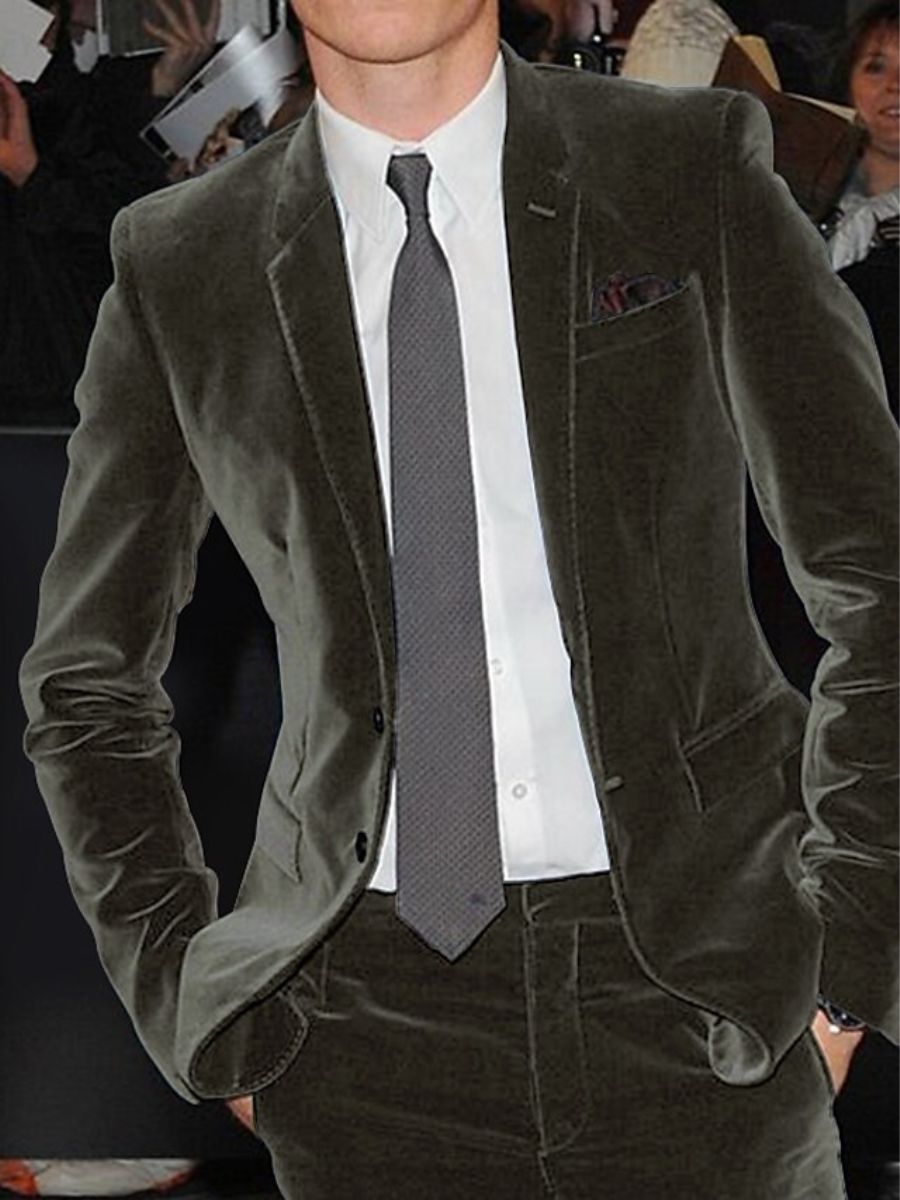 Burgundy Men's Velvet Single Breasted Two-Buttons Solid Wedding Party Suit Jacket - Image 6