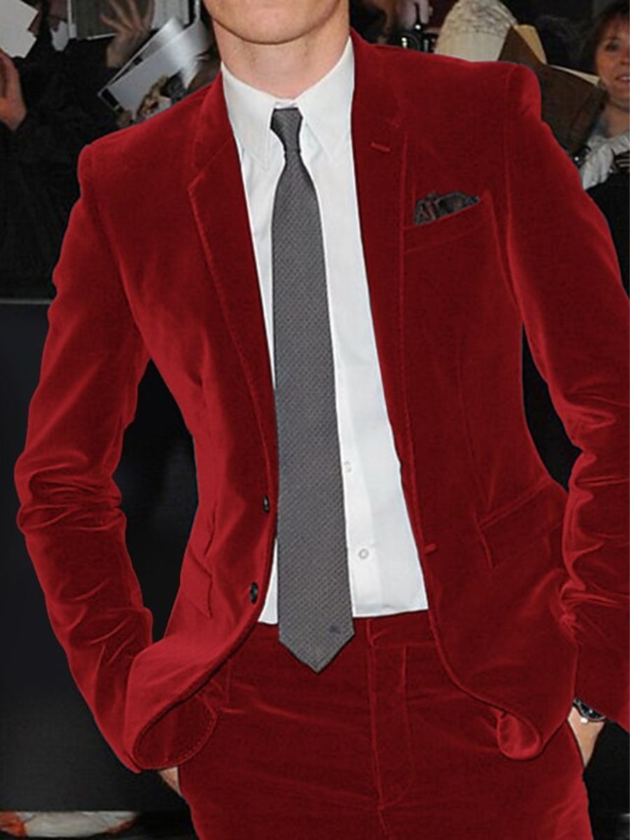 Burgundy Men's Velvet Single Breasted Two-Buttons Solid Wedding Party Suit Jacket - Image 8