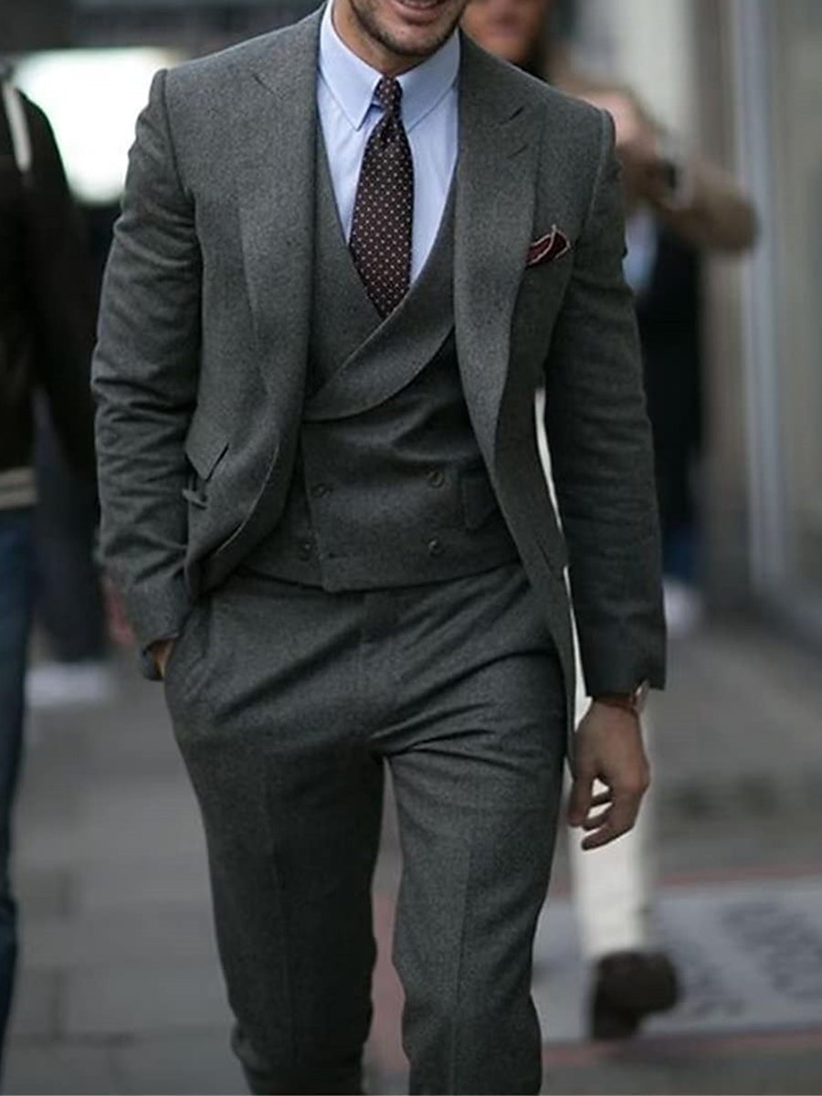 Dark Gray Men's Peak Tweed Single Breasted Two-Buttons Wedding Suits - Image 2