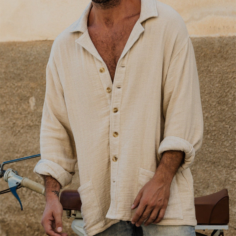 Men's Lapel Casual Long Sleeves Solid Color Shirt with Pockets - 이미지 3