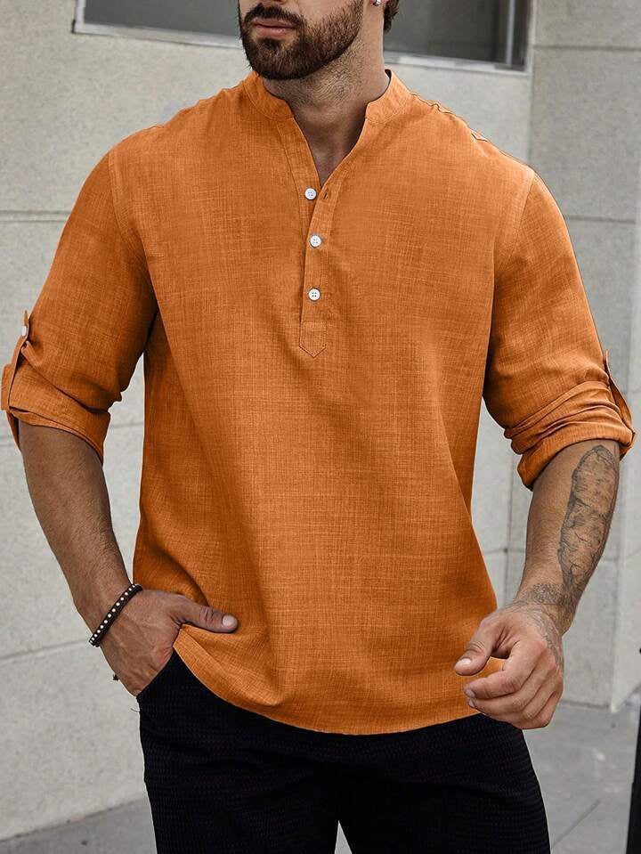 Men's Stand Collar Casual Long Sleeves Solid Color Shirt - 이미지 7