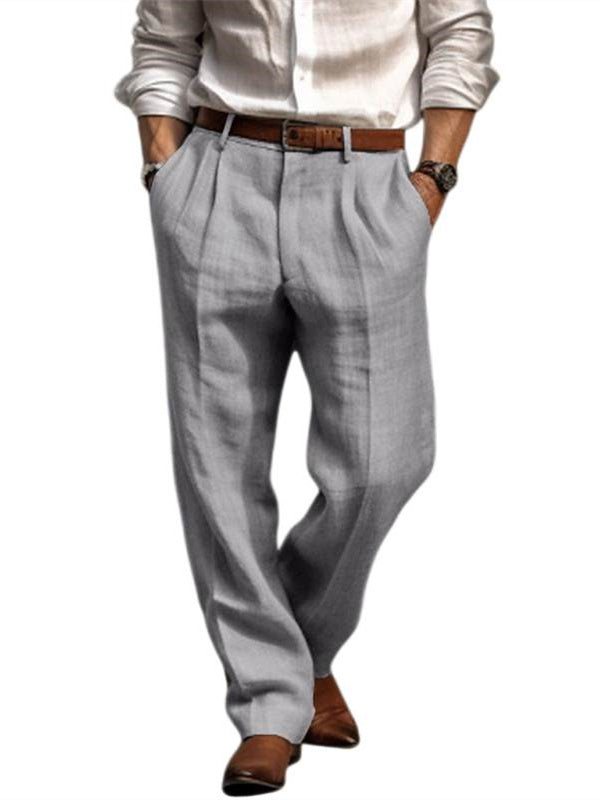 Men's Linen Long Pants Trousers Summer Pleated Fashion Pants - 画像 (2)