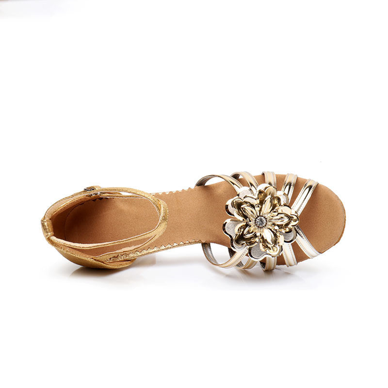 Women's Dancewear Shoes Flower Ankle Strap Low Heel Peep Toe Satin Latin Shoes - Image 6