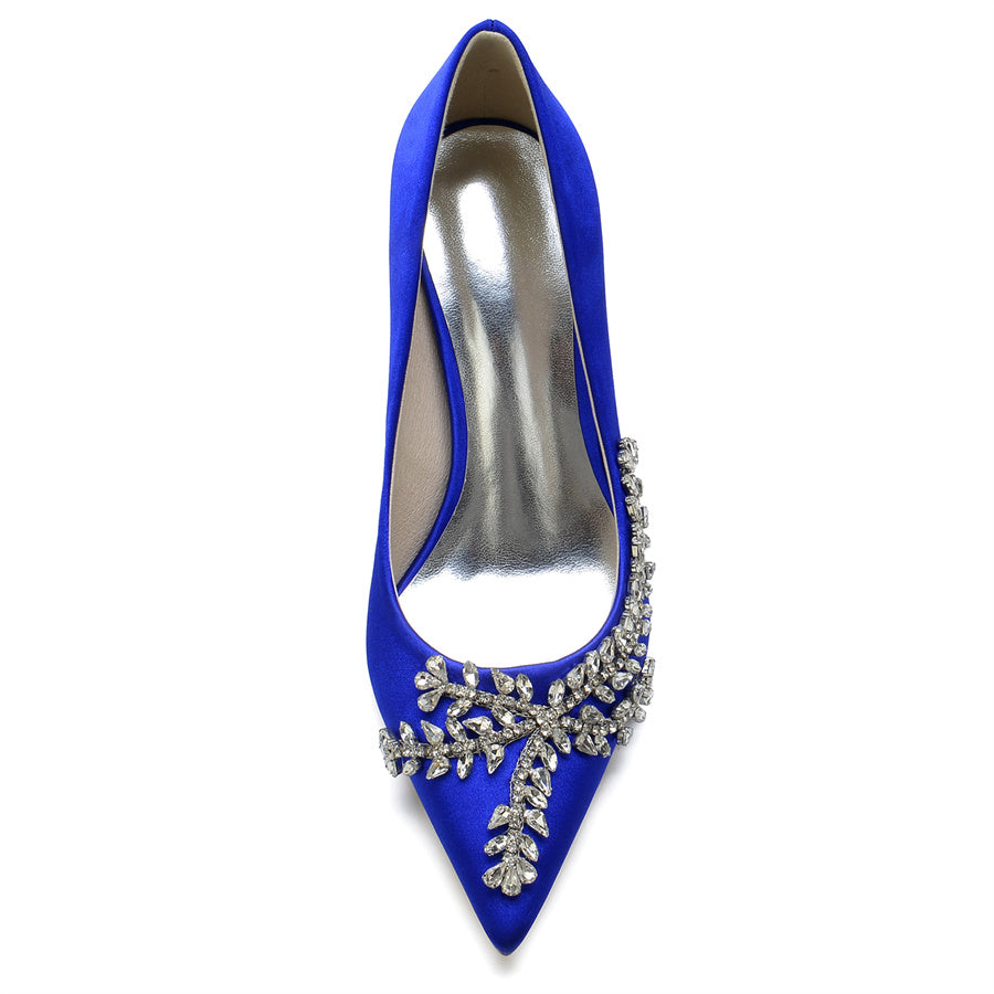 Women's Wedding Pointed Toe Silk Satin Stiletto Heel Bridal Shoes with Rhinestones - 画像 (3)