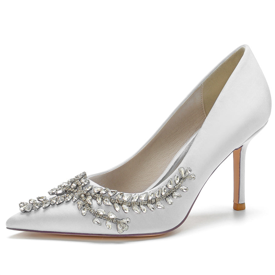 Women's Wedding Pointed Toe Silk Satin Stiletto Heel Bridal Shoes with Rhinestones - 画像 (6)