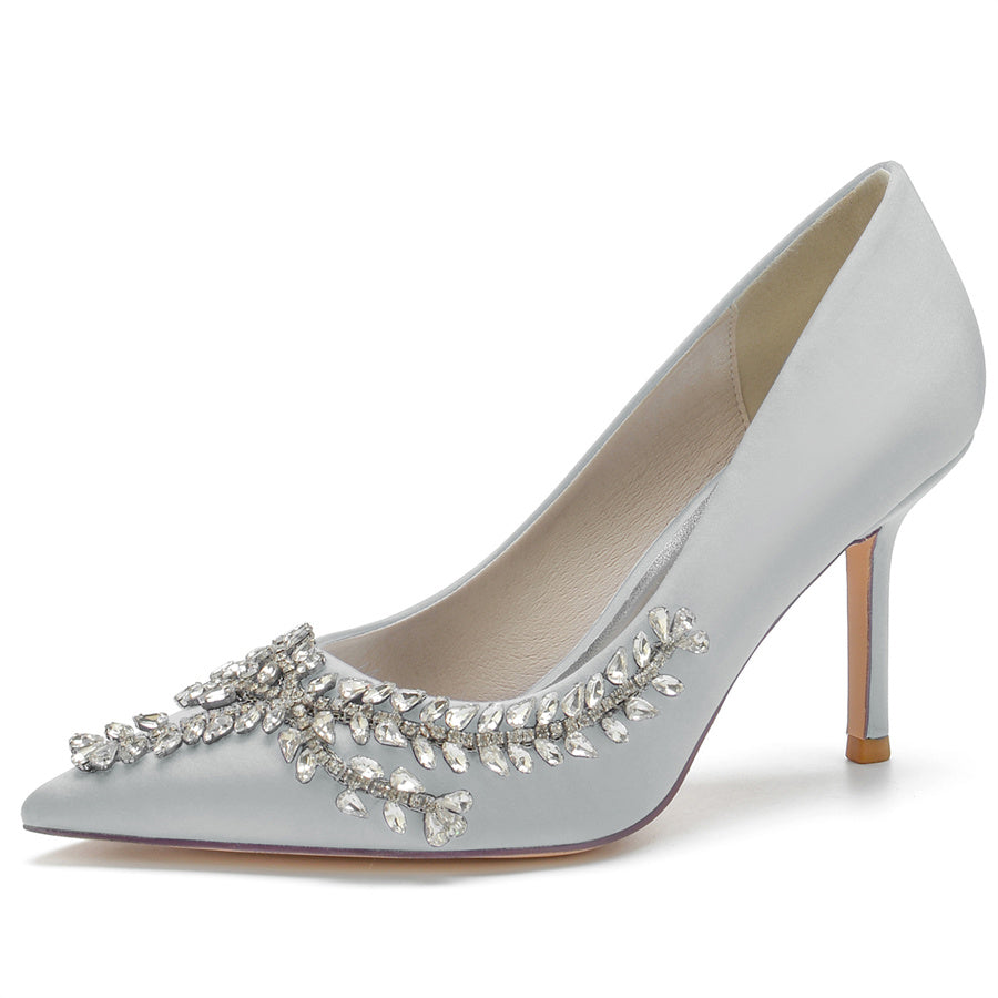 Women's Wedding Pointed Toe Silk Satin Stiletto Heel Bridal Shoes with Rhinestones - 画像 (13)