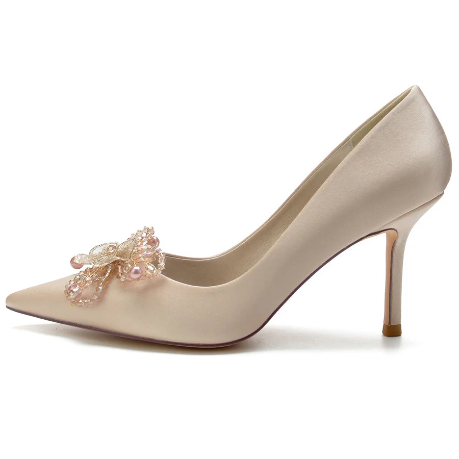 Women's Wedding Pointed Toe Elegant Stiletto Heel Bridal Shoes with Pearls & Flower - Image 4