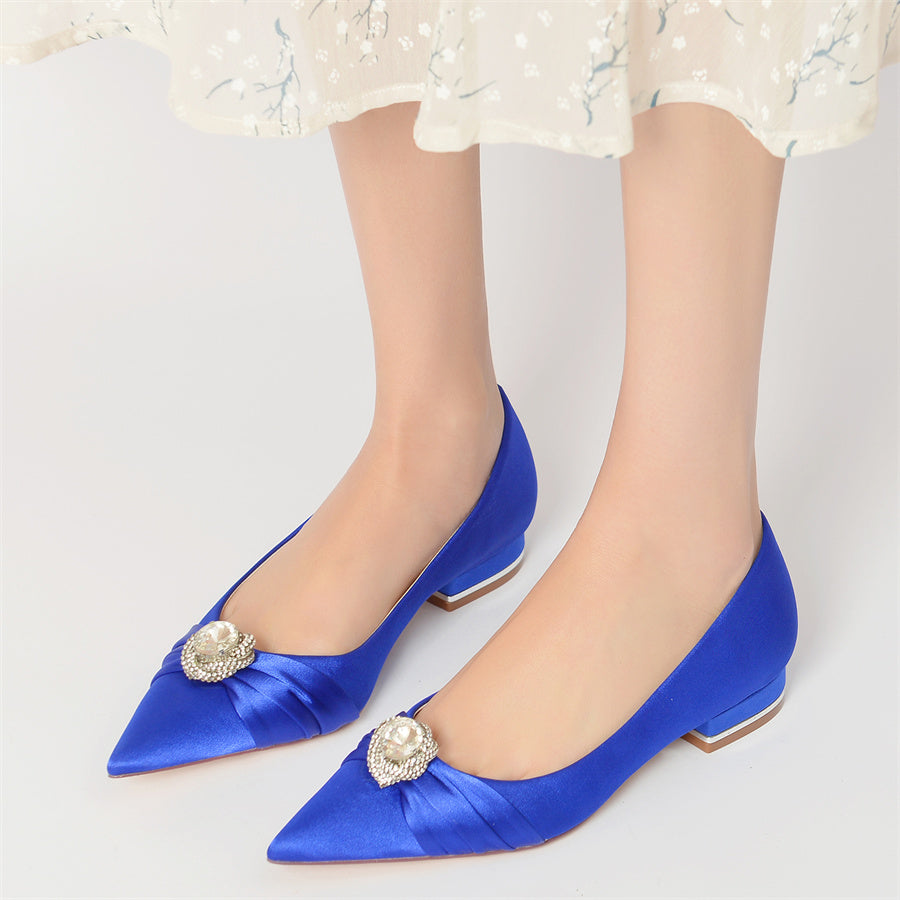 Women's Wedding Shoes Low Heel Pointed Toe Bridal Shoes with Round Rhinestones - 画像 (2)