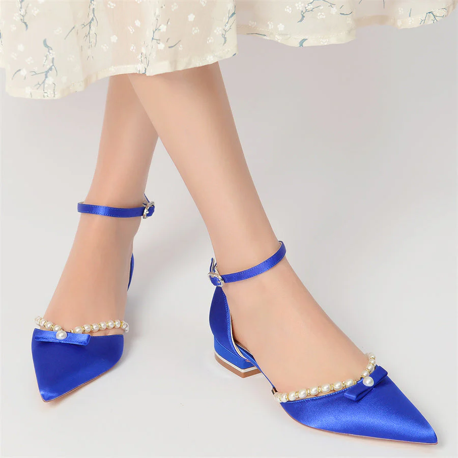 Women's Wedding Shoes Pointed Toe Low Heel Elegant Bridal Shoes with Pearls - Image 2