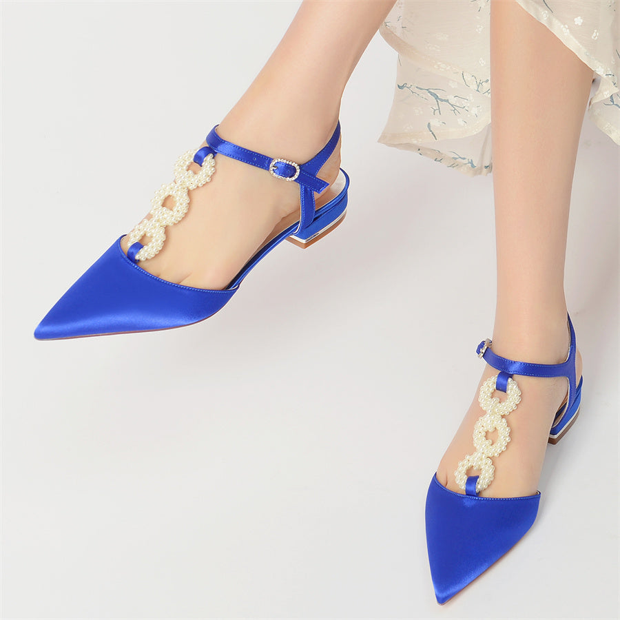 Women's Wedding Shoes Pointed Toe Low Heel Elegant Bridal Shoes with Pearls Strap - Image 2