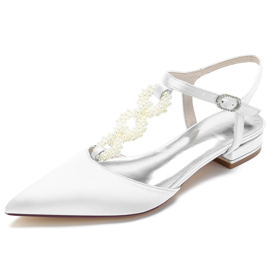 Women's Wedding Shoes Pointed Toe Low Heel Elegant Bridal Shoes with Pearls Strap - Image 6