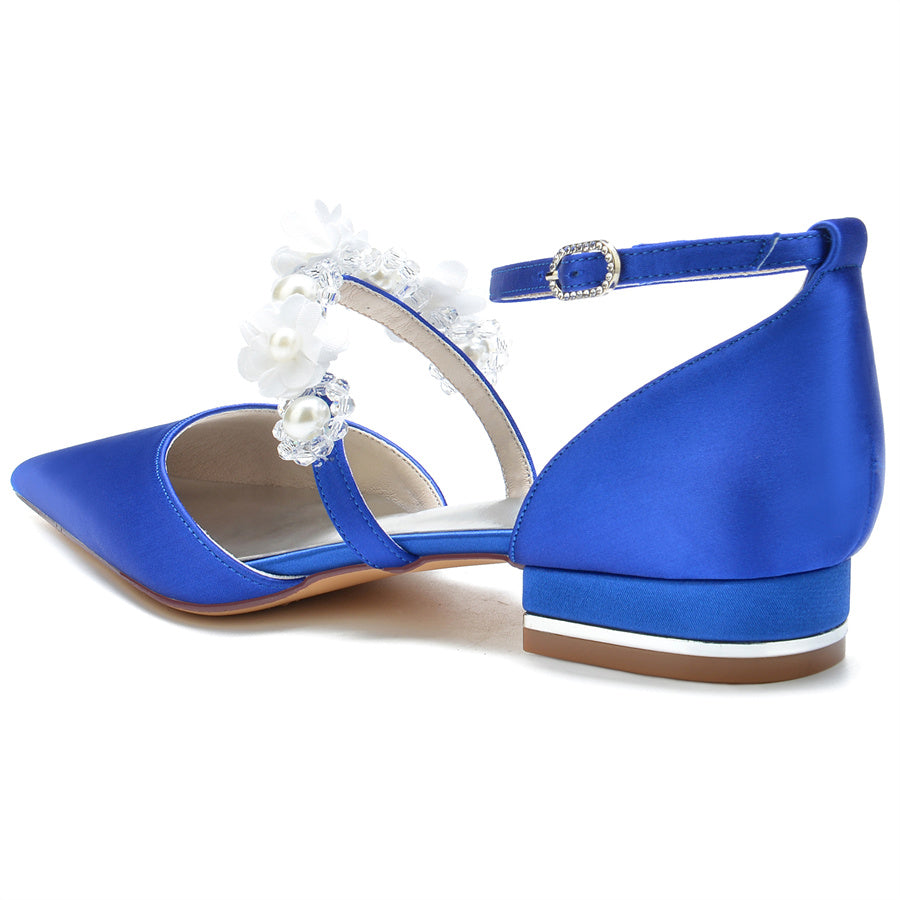 Women's Wedding Shoes Pointed Toe Low Heel Bridal Shoes with Pearls & Flowers - 이미지 4