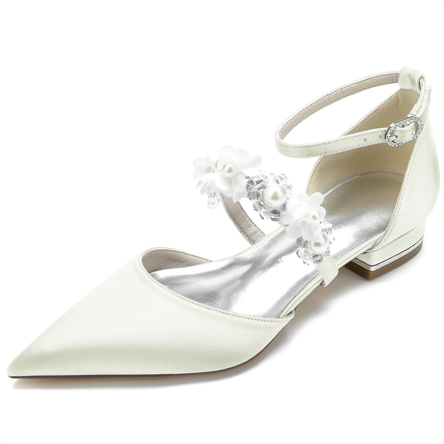 Women's Wedding Shoes Pointed Toe Low Heel Bridal Shoes with Pearls & Flowers - 이미지 6