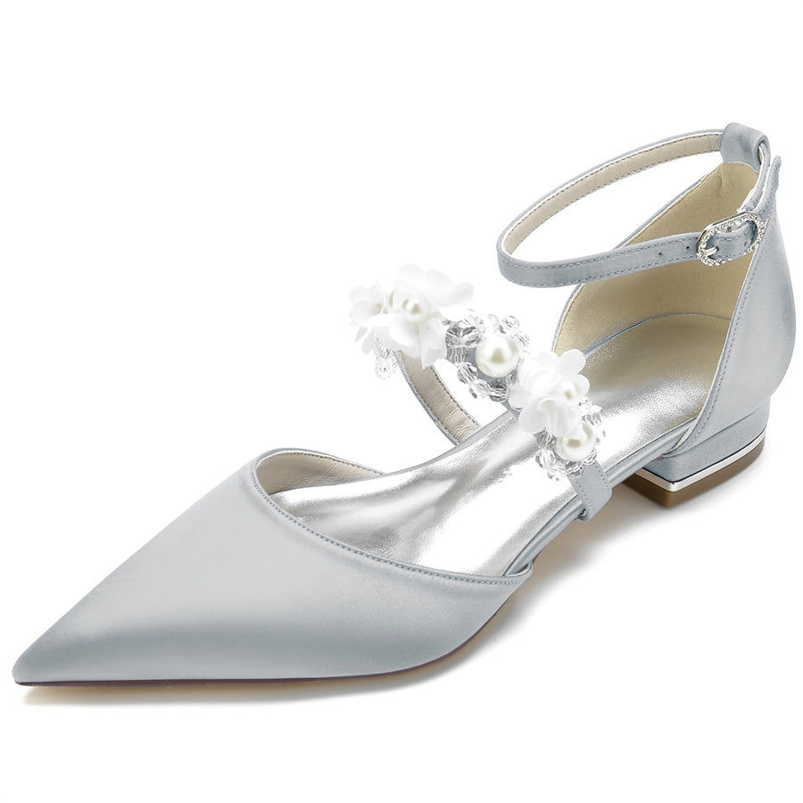 Women's Wedding Shoes Pointed Toe Low Heel Bridal Shoes with Pearls & Flowers - 이미지 13
