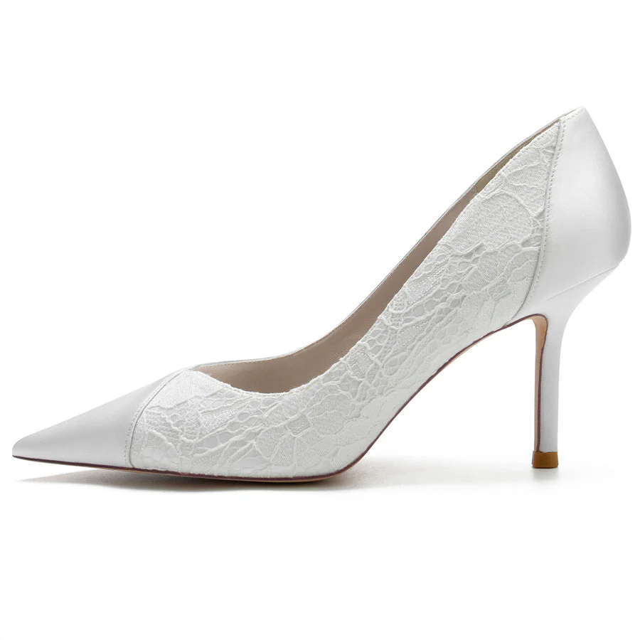Women's Wedding Pointed Toe High Heel Minimalist Bridal Shoes with Lace Stitched - Image 4