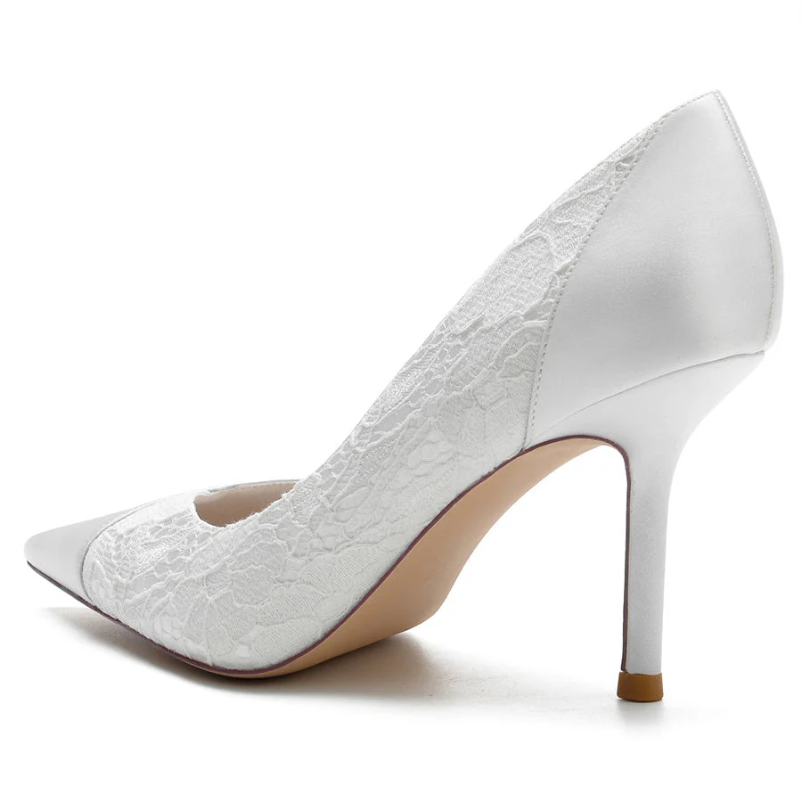 Women's Wedding Pointed Toe High Heel Minimalist Bridal Shoes with Lace Stitched - Image 2