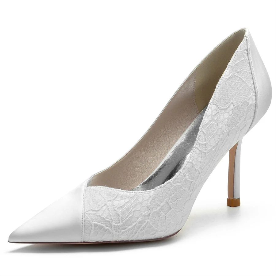 Women's Wedding Pointed Toe High Heel Minimalist Bridal Shoes with Lace Stitched - Image 5