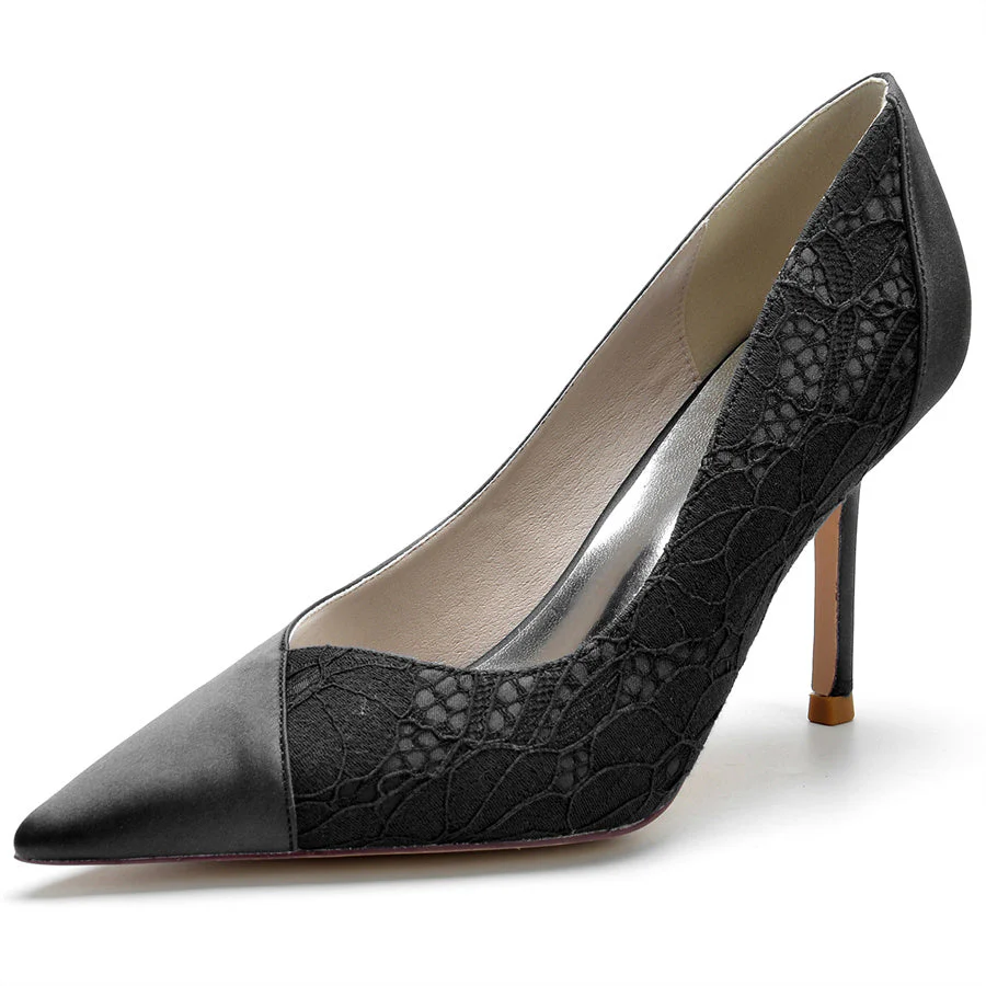 Women's Wedding Pointed Toe High Heel Minimalist Bridal Shoes with Lace Stitched - Image 8