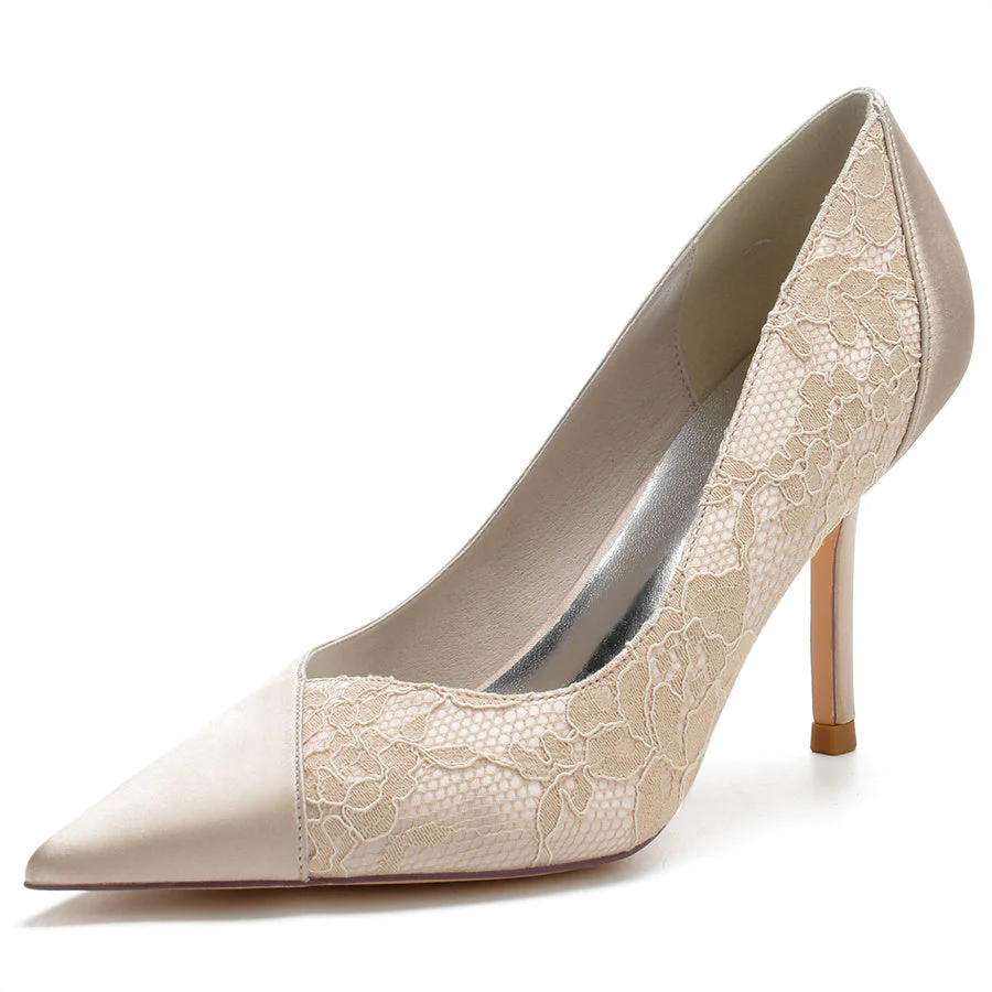 Women's Wedding Pointed Toe High Heel Minimalist Bridal Shoes with Lace Stitched - Image 7