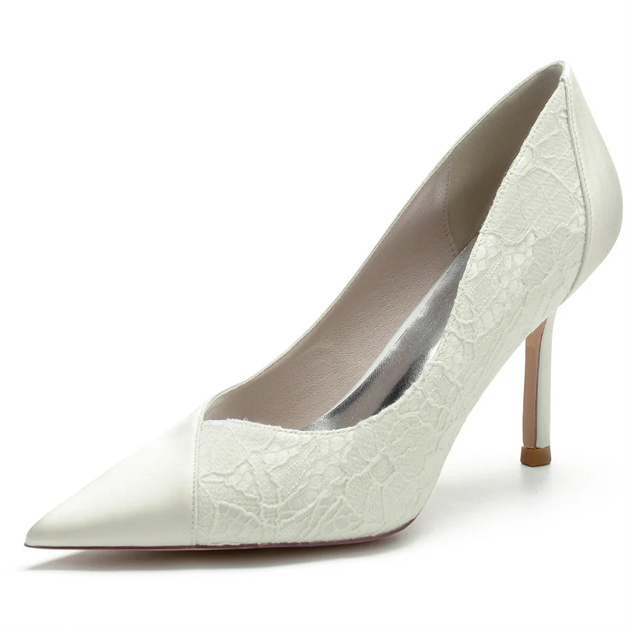 Women's Wedding Pointed Toe High Heel Minimalist Bridal Shoes with Lace Stitched - Image 6