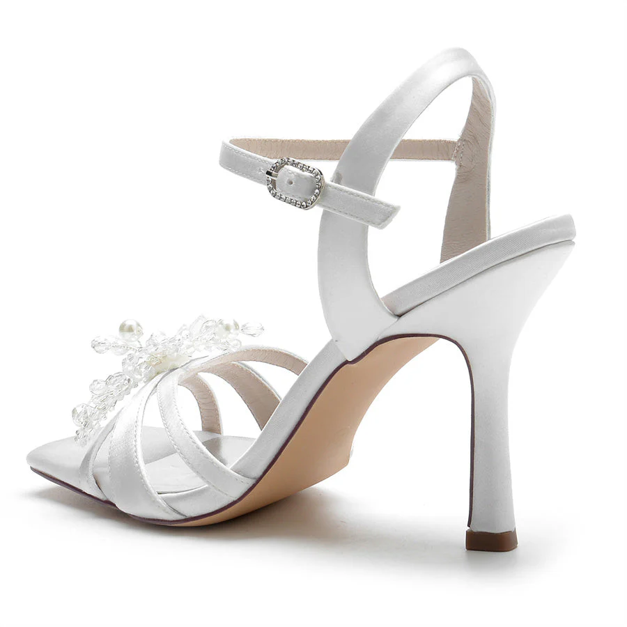 Women's Wedding Shoes Opened Toe High Heel Bridal Shoes with Pearls & Flowers - Image 6