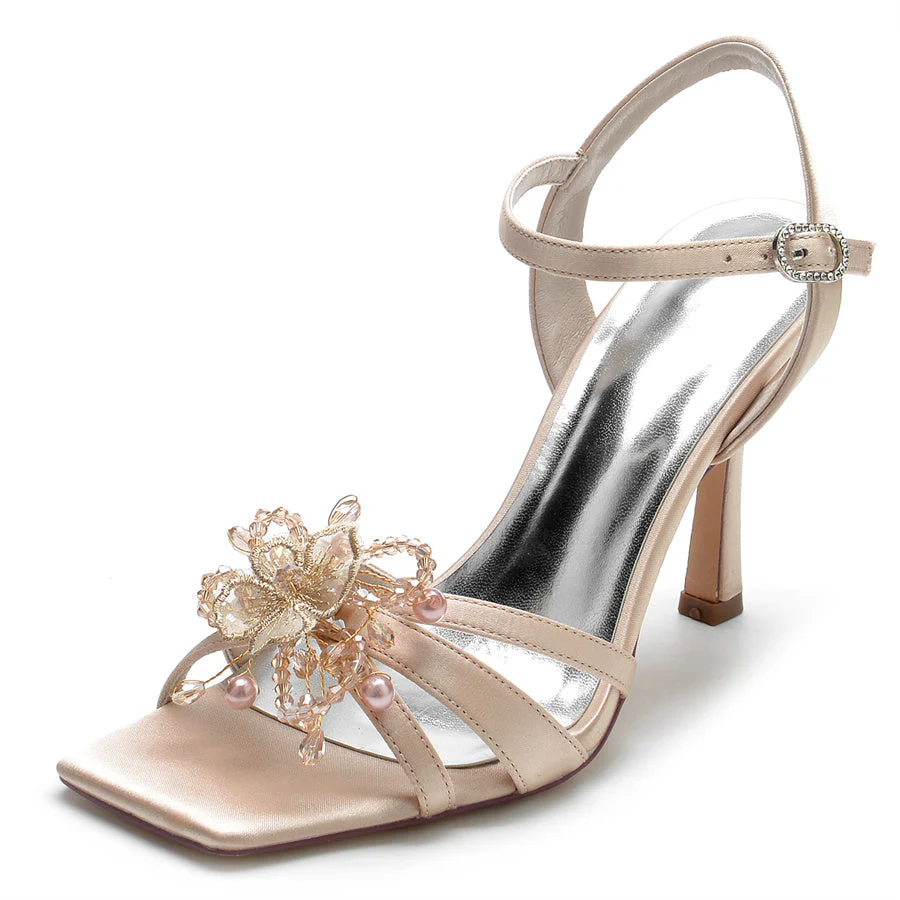 Women's Wedding Shoes Opened Toe High Heel Bridal Shoes with Pearls & Flowers - Image 3
