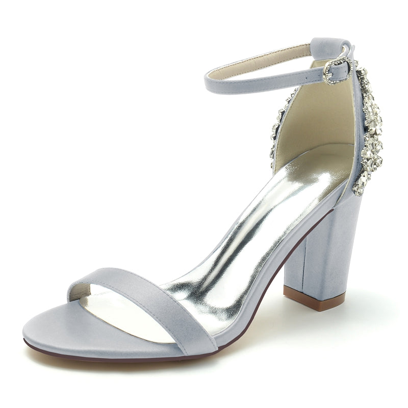 Women's Wedding Shoes Opened Toe Chunky Heel Buckle Bridal Shoes with Patterned Crystal - 画像 (12)