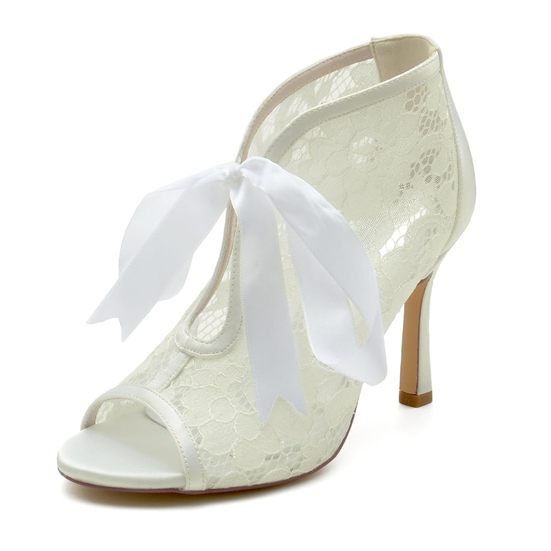 Women's Wedding Shoes Lace Stiletto Heel Peep Toe Bridal Shoes with Bow Straps - 이미지 5