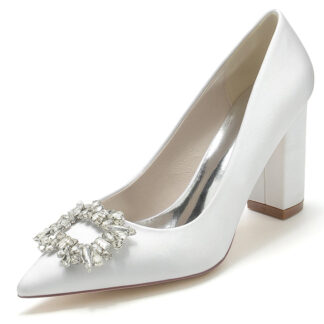 Women's Wedding Shoes Block Heel Pointed Toe Bridal Shoes with Square Rhinestones