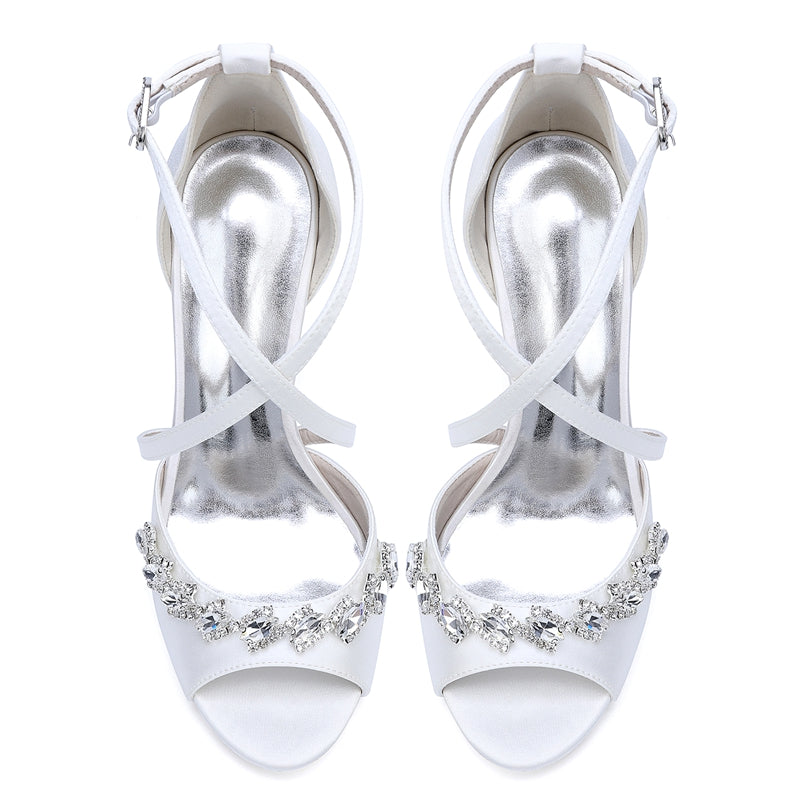 Women's Wedding Shoes Peep Toe High Heel Crossed Straps Buckle Bridal Shoes with Crystals - 이미지 5