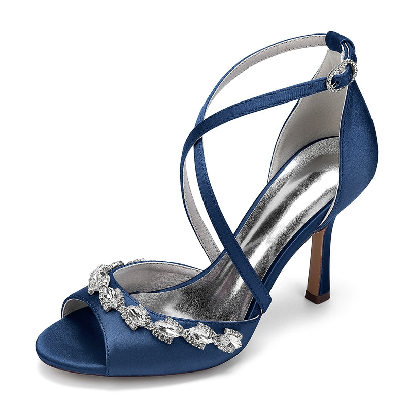 Women's Wedding Shoes Peep Toe High Heel Crossed Straps Buckle Bridal Shoes with Crystals - 이미지 7