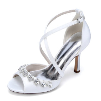 Women's Wedding Shoes Peep Toe High Heel Crossed Straps Buckle Bridal Shoes with Crystals