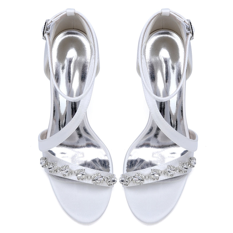 Women's Wedding Shoes Stiletto Heel Opened Toe Slanted Straps Buckle Bridal Shoes with Rhinestones - Image 4