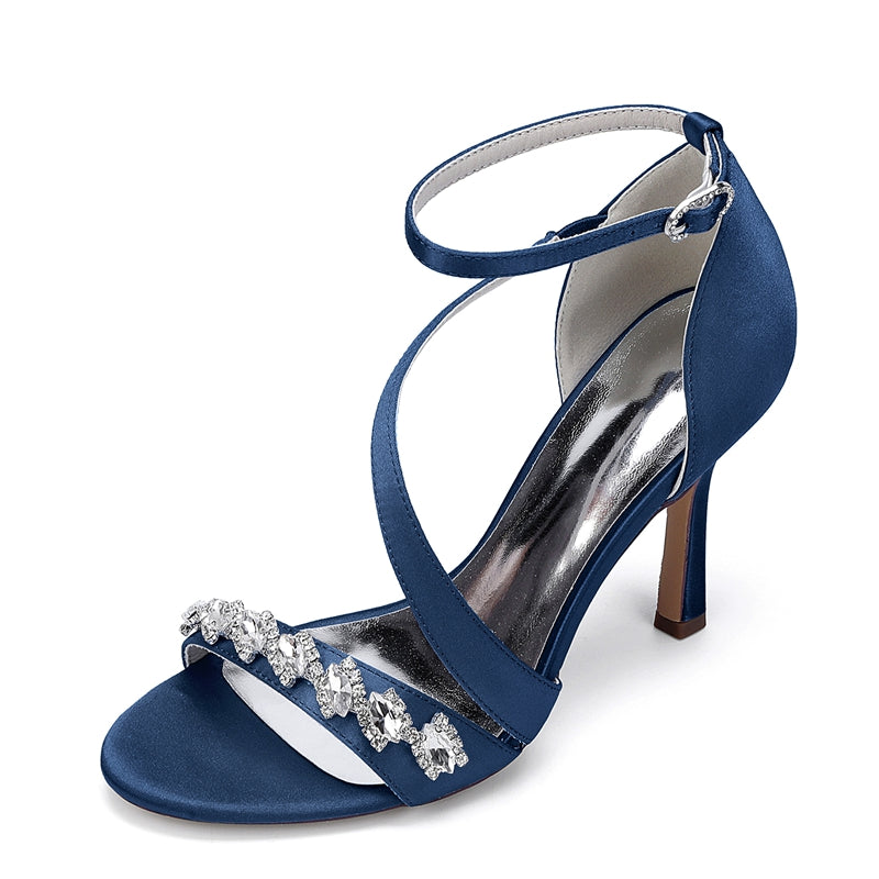 Women's Wedding Shoes Stiletto Heel Opened Toe Slanted Straps Buckle Bridal Shoes with Rhinestones - Image 12