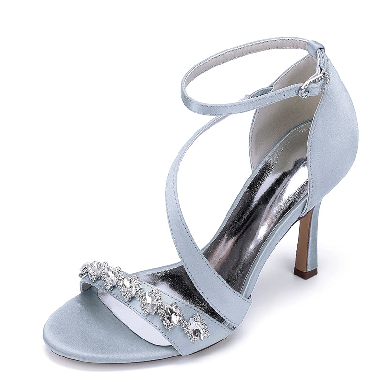 Women's Wedding Shoes Stiletto Heel Opened Toe Slanted Straps Buckle Bridal Shoes with Rhinestones - Image 10