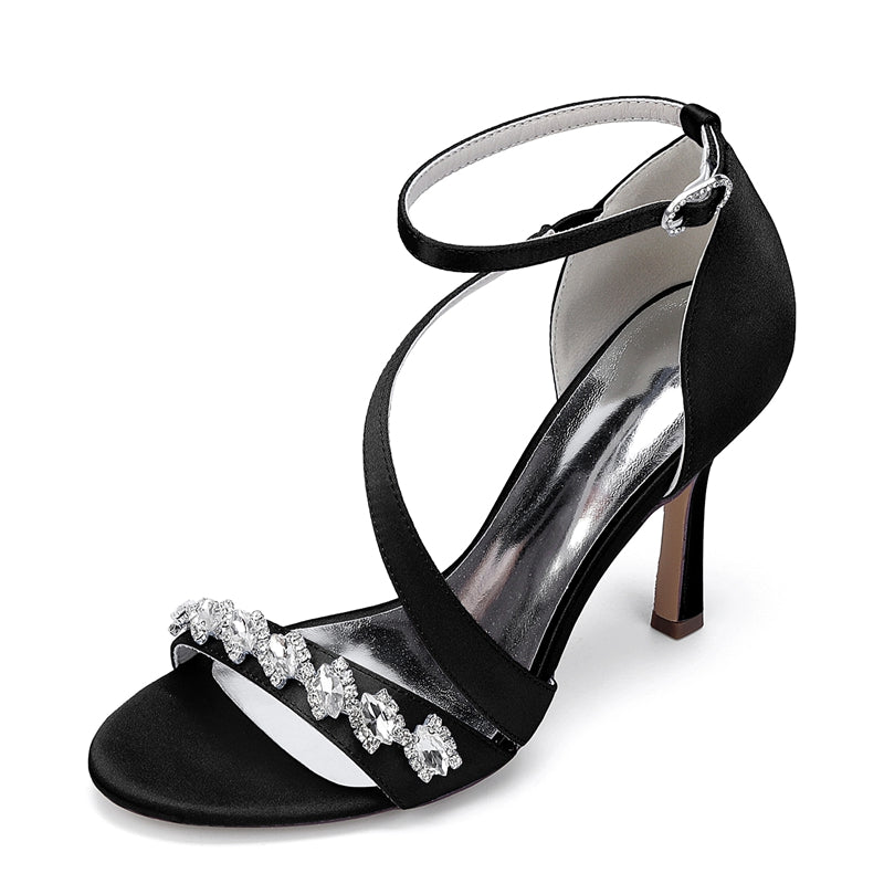 Women's Wedding Shoes Stiletto Heel Opened Toe Slanted Straps Buckle Bridal Shoes with Rhinestones - Image 5