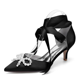 Women's Wedding Shoes Mid Heel Closed Toe Ankle Straps Bridal Shoes with Pearls & Rhinestones Bowknot