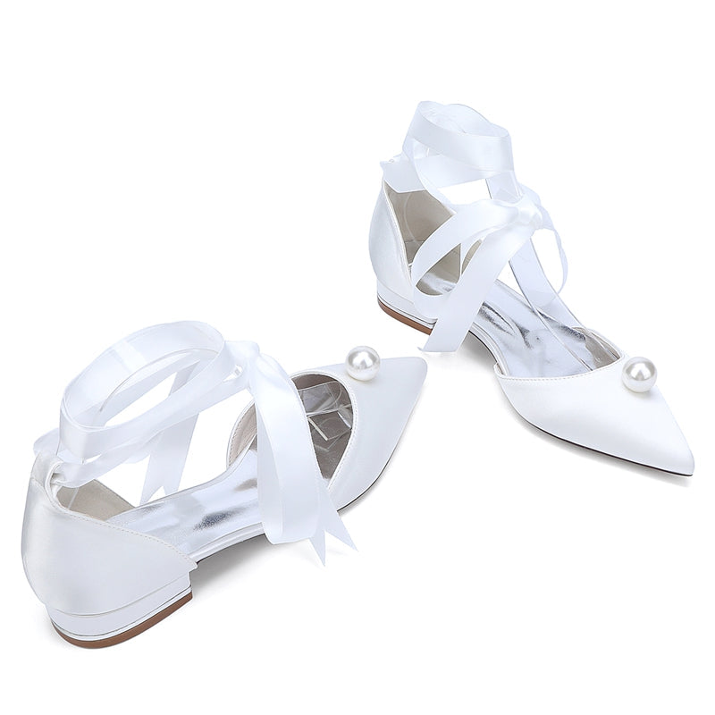 Women's Wedding Shoes Low Heel Pointed Toe Ankle Straps Bridal Shoes with Pearl - 画像 (5)