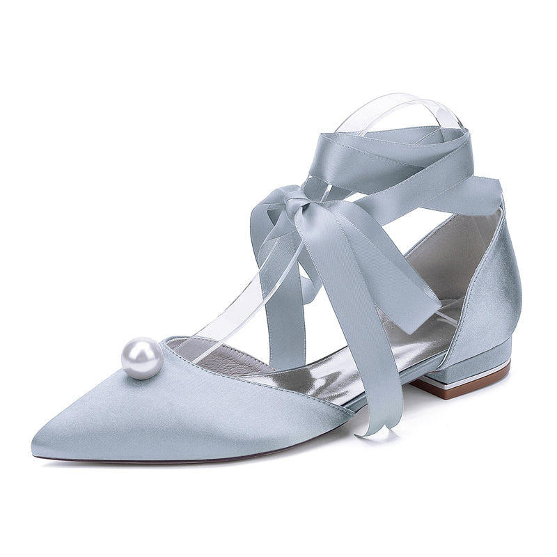 Women's Wedding Shoes Low Heel Pointed Toe Ankle Straps Bridal Shoes with Pearl