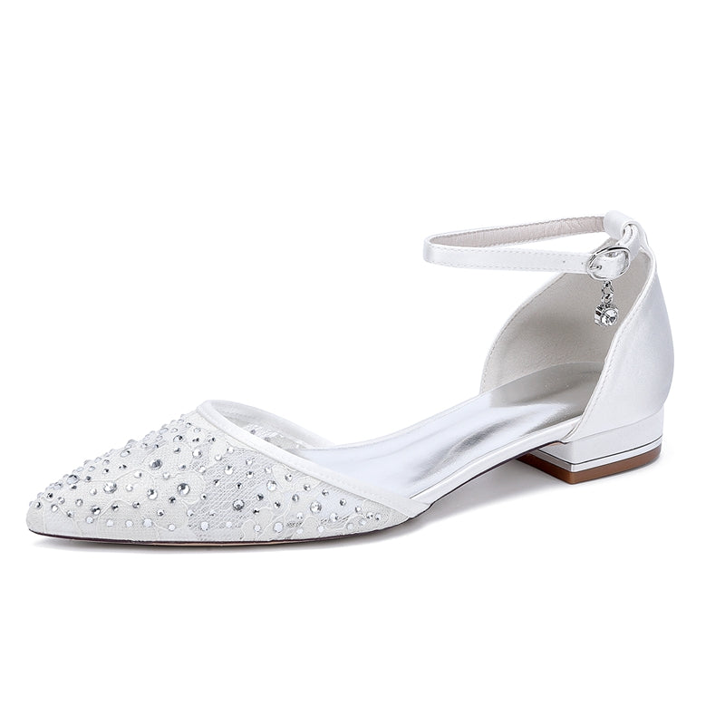 Women's Wedding Shoes Lace Pointed Toe Low Heel Buckle Bridal Shoes with Crystals - Image 6