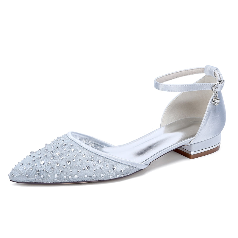 Women's Wedding Shoes Lace Pointed Toe Low Heel Buckle Bridal Shoes with Crystals - Image 7