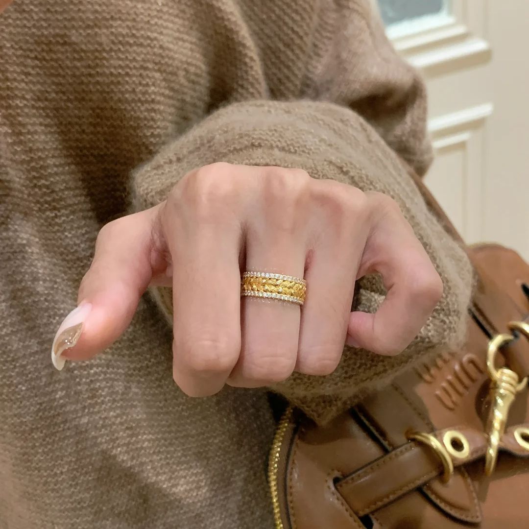 Retro Sparkling Diamond Gold Luxury Wheat Ring - 이미지 3