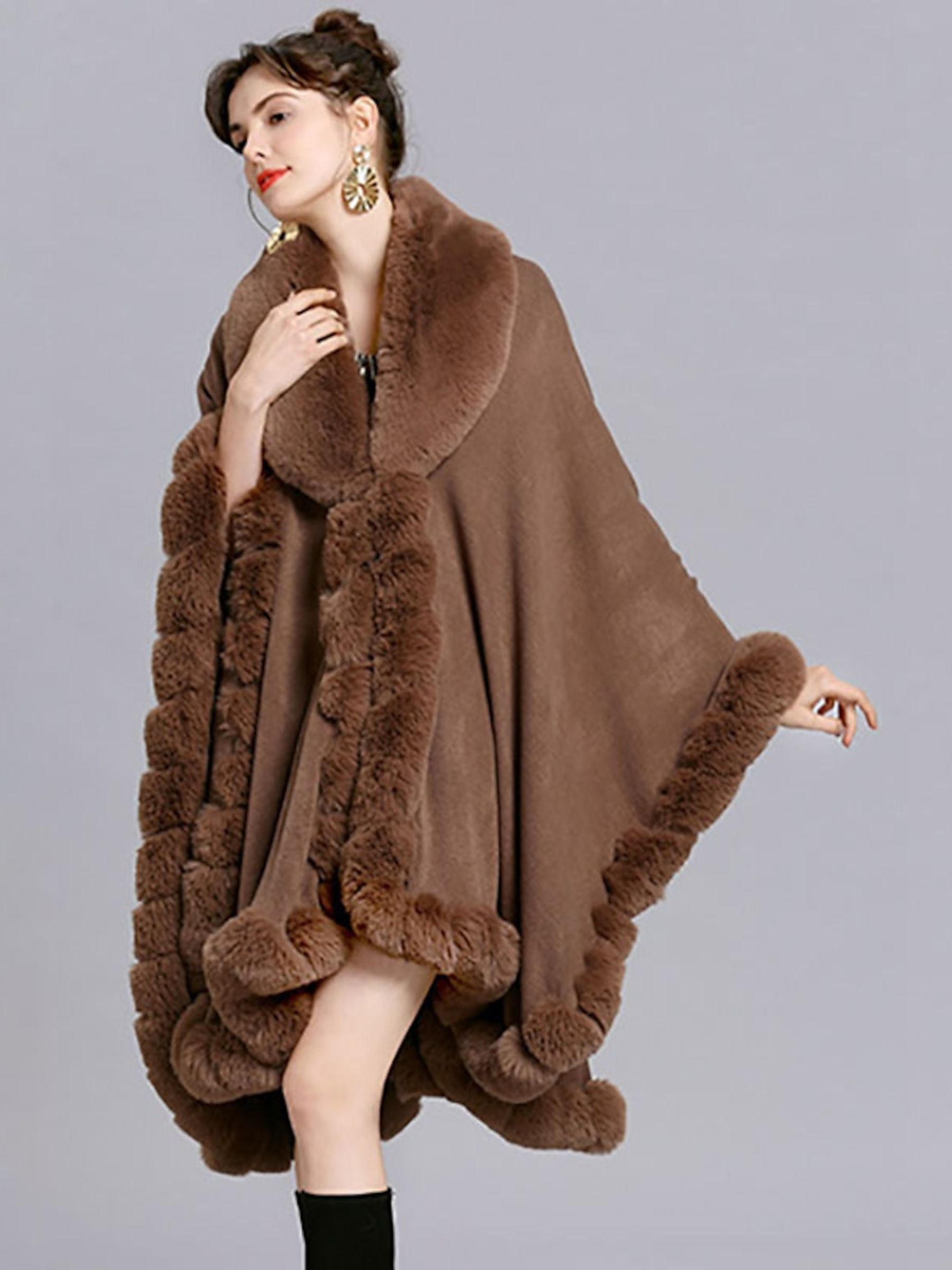 Women‘s White Fashionable Faux Fur Long Sleeves Wrap Cloak with Pure Color - Image 9
