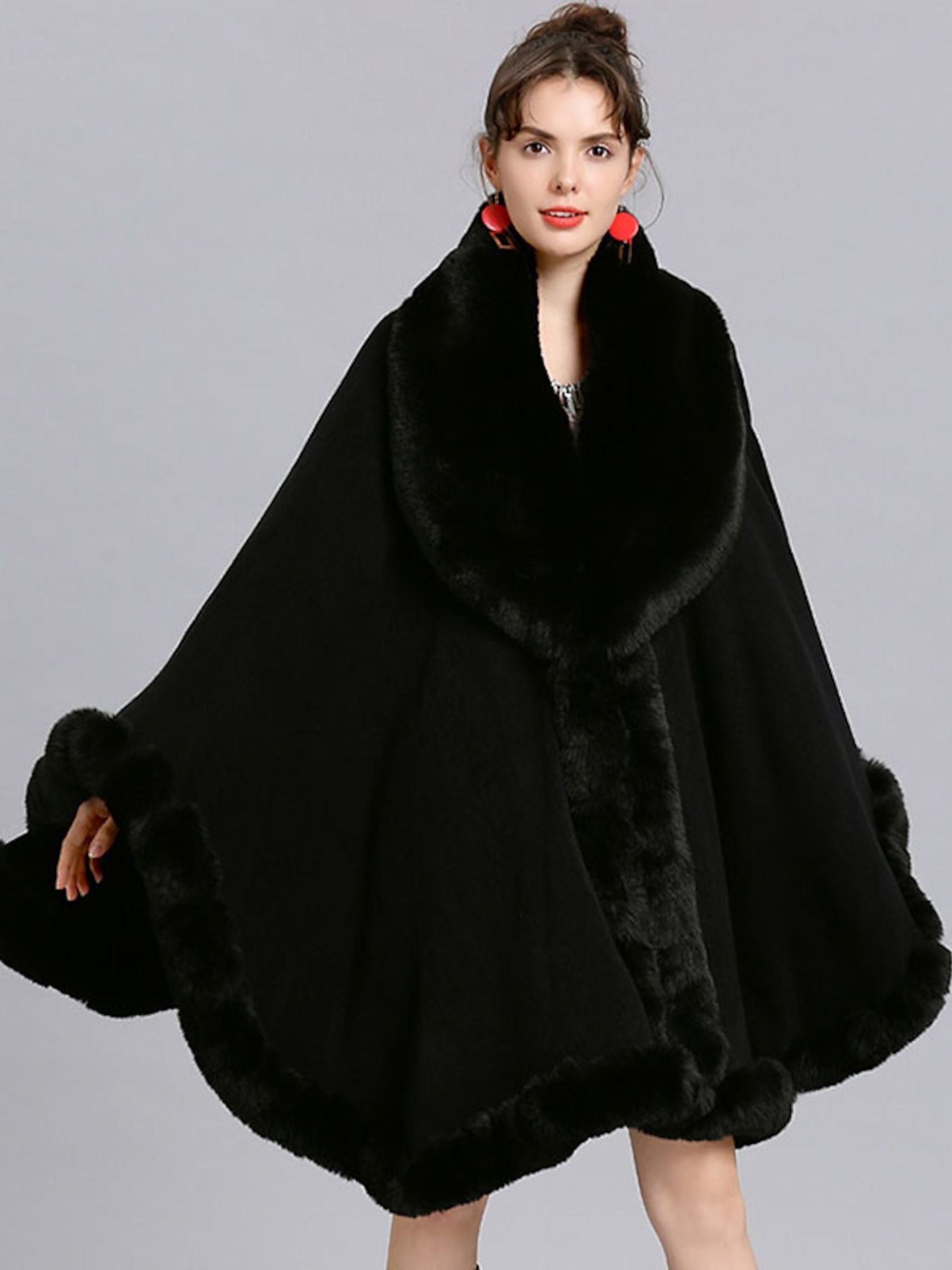 Women‘s White Fashionable Faux Fur Long Sleeves Wrap Cloak with Pure Color - Image 10